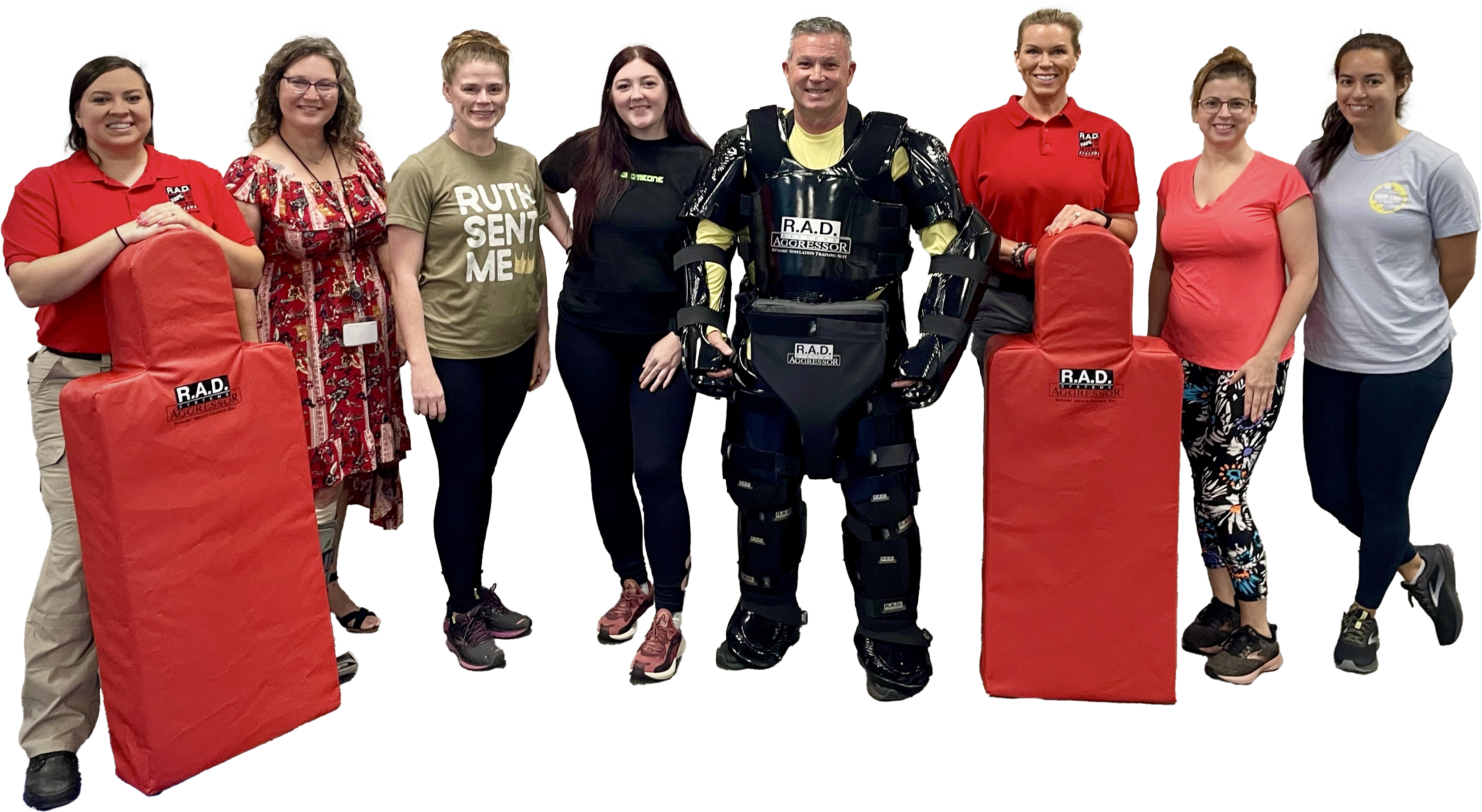 8 persons in a group wearing protective gear and holding R.A.D. equipment