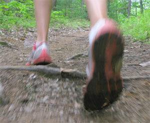 Close up of shoes walking on trail